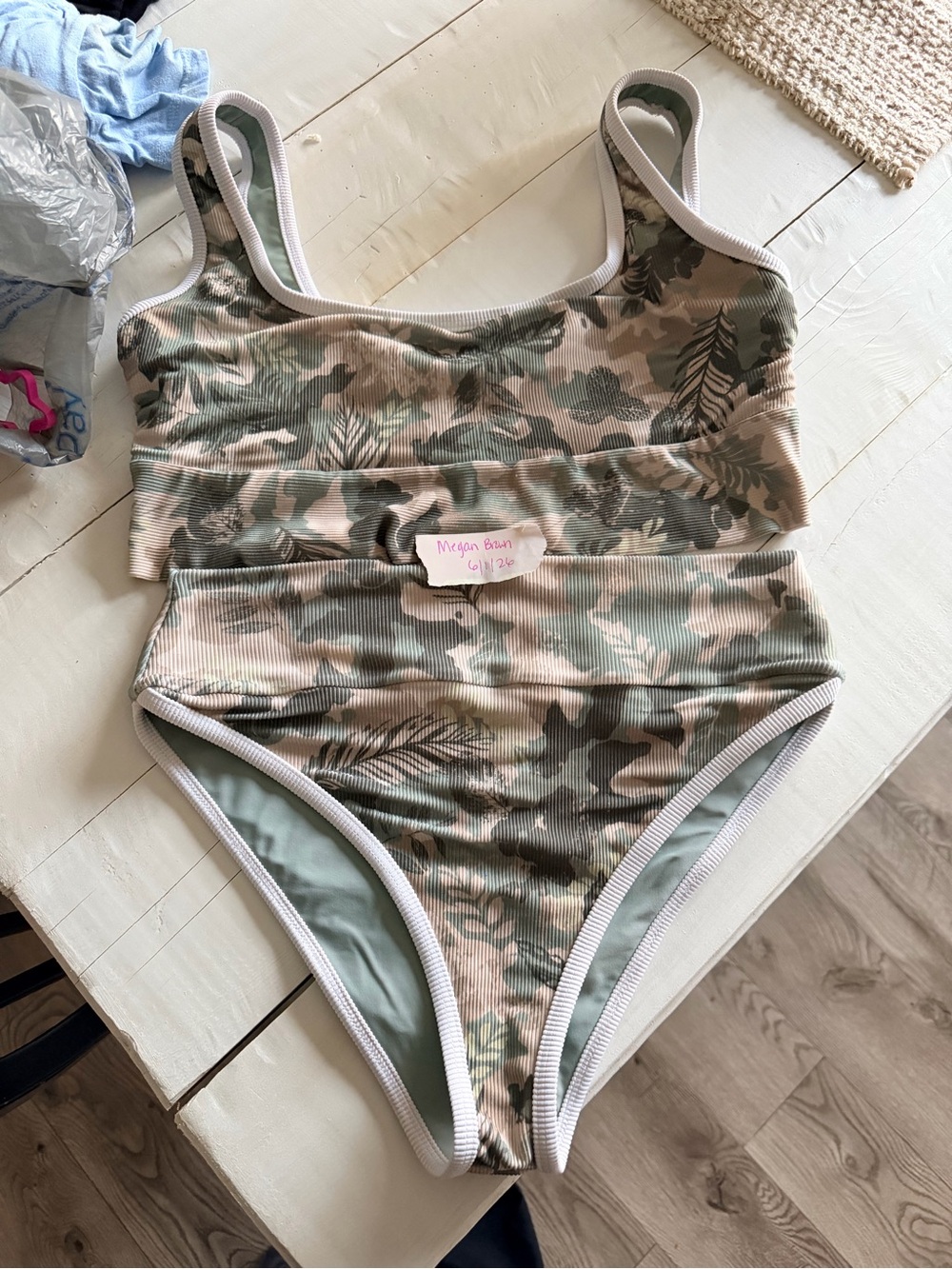 LainSnow Green and Beige Camouflage High-Waist Bikini Set